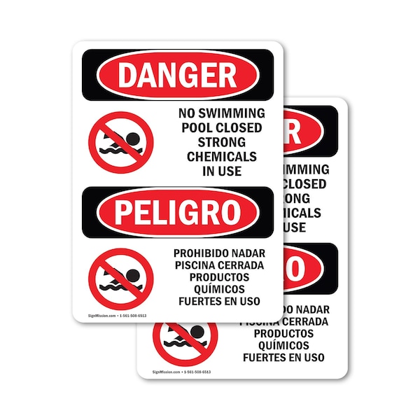 Signmission No Swimming Pool Closed Chemicals Bilingual Danger Sign, Vinyl Decal, 3.5in W x 5in L, 2PK OS-2PACK-DS-D-35-VS-1627 - main